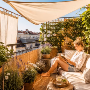Kleiner Stadtbalkon mit hellem Sonnensegel, cremefarbenem Outdoor-Vorhang und Bambus-Sichtschutz. Eine Frau sitzt entspannt auf einer gemütlichen Loungebank im Schatten, umgeben von blühenden Pflanzen, Lavendel und Terrakotta-Töpfen. Im Hintergrund sind Dächer und Häuser einer Stadt zu sehen. Die Szene zeigt eine stilvolle und praktische Lösung für Sonnenschutz auf dem Balkon im Sommer.