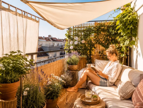Dieser Sonnenschutz auf dem Balkon hilft bei Sommerhitze wirklich 28 Kleiner Stadtbalkon mit hellem Sonnensegel, cremefarbenem Outdoor-Vorhang und Bambus-Sichtschutz. Eine Frau sitzt entspannt auf einer gemütlichen Loungebank im Schatten, umgeben von blühenden Pflanzen, Lavendel und Terrakotta-Töpfen. Im Hintergrund sind Dächer und Häuser einer Stadt zu sehen. Die Szene zeigt eine stilvolle und praktische Lösung für Sonnenschutz auf dem Balkon im Sommer.