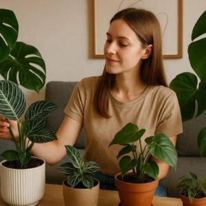 Eine junge Frau pflegt ihre Zimmerpflanzen in einem modernen Wohnzimmer mit Monstera, Philodendron und anderen Aroids – Symbol für aktuelle Aroid Trends.