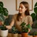 Eine junge Frau pflegt ihre Zimmerpflanzen in einem modernen Wohnzimmer mit Monstera, Philodendron und anderen Aroids – Symbol für aktuelle Aroid Trends.
