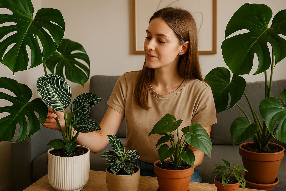 Eine junge Frau pflegt ihre Zimmerpflanzen in einem modernen Wohnzimmer mit Monstera, Philodendron und anderen Aroids – Symbol für aktuelle Aroid Trends.