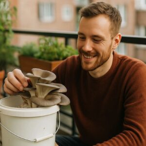 Ein junger Mann erntet Austernpilze im Eimer auf seinem Balkon, warmes Sonnenlicht fällt auf die frischen Pilze und den grünen Hintergrund der Pflanzen.