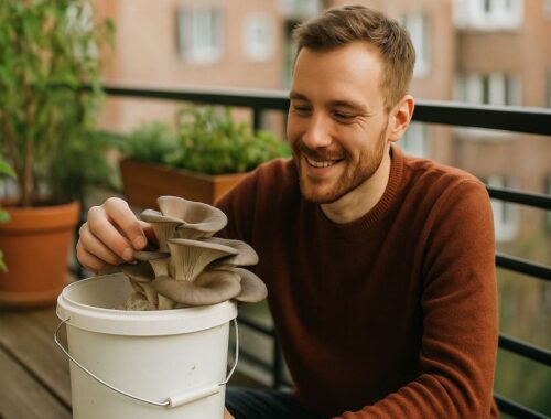 Ein junger Mann erntet Austernpilze im Eimer auf seinem Balkon, warmes Sonnenlicht fällt auf die frischen Pilze und den grünen Hintergrund der Pflanzen.