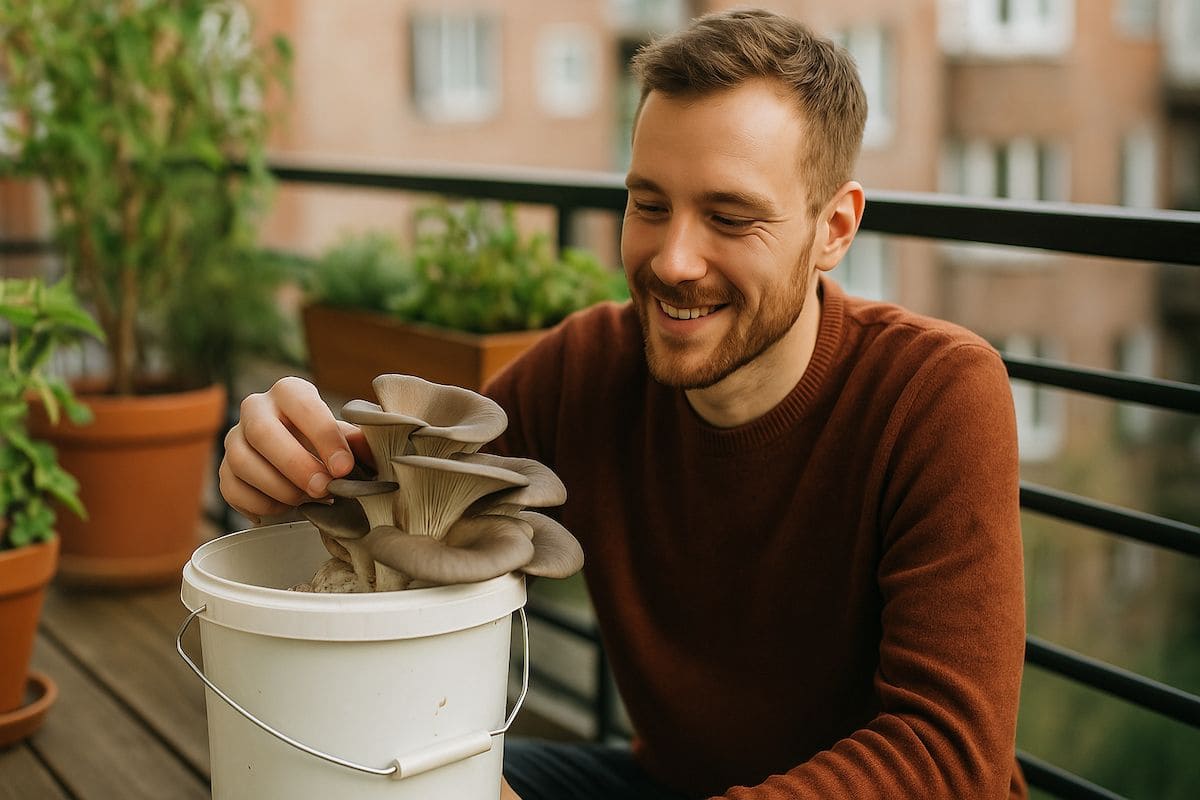 Ein junger Mann erntet Austernpilze im Eimer auf seinem Balkon, warmes Sonnenlicht fällt auf die frischen Pilze und den grünen Hintergrund der Pflanzen.
