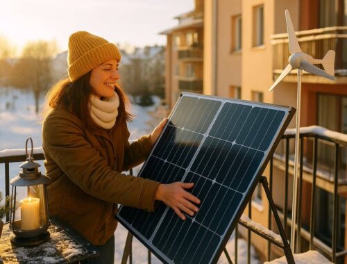 Frau auf ihrem winterlichen Balkon mit Solarpanel und Pflanzen, die Sonnenlicht reflektieren – Balkonkraftwerk im Winter effizient genutzt