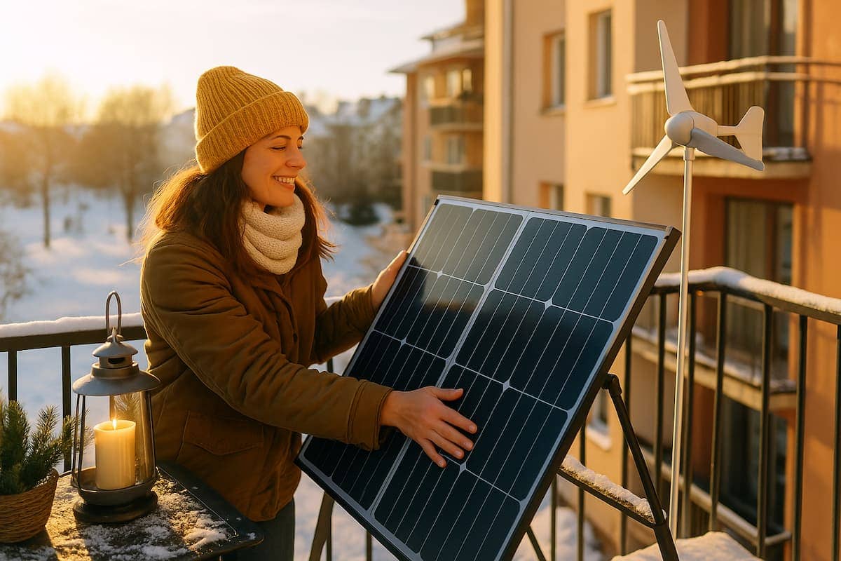 Frau auf ihrem winterlichen Balkon mit Solarpanel und Pflanzen, die Sonnenlicht reflektieren – Balkonkraftwerk im Winter effizient genutzt