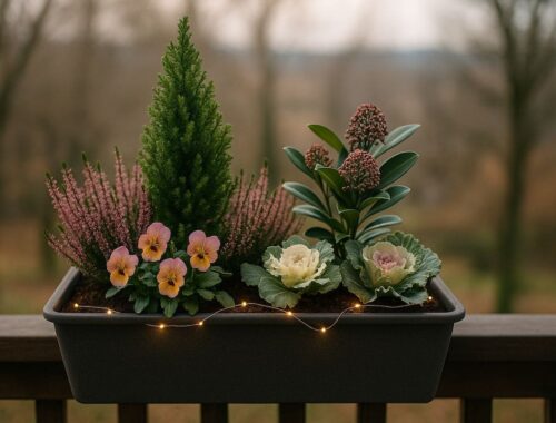 Blumenkasten im Herbst und Winter auf einem Balkon mit frostfesten Pflanzen, Schneeheide, Christrosen und Zierkohl in sanfter Morgenbeleuchtung.