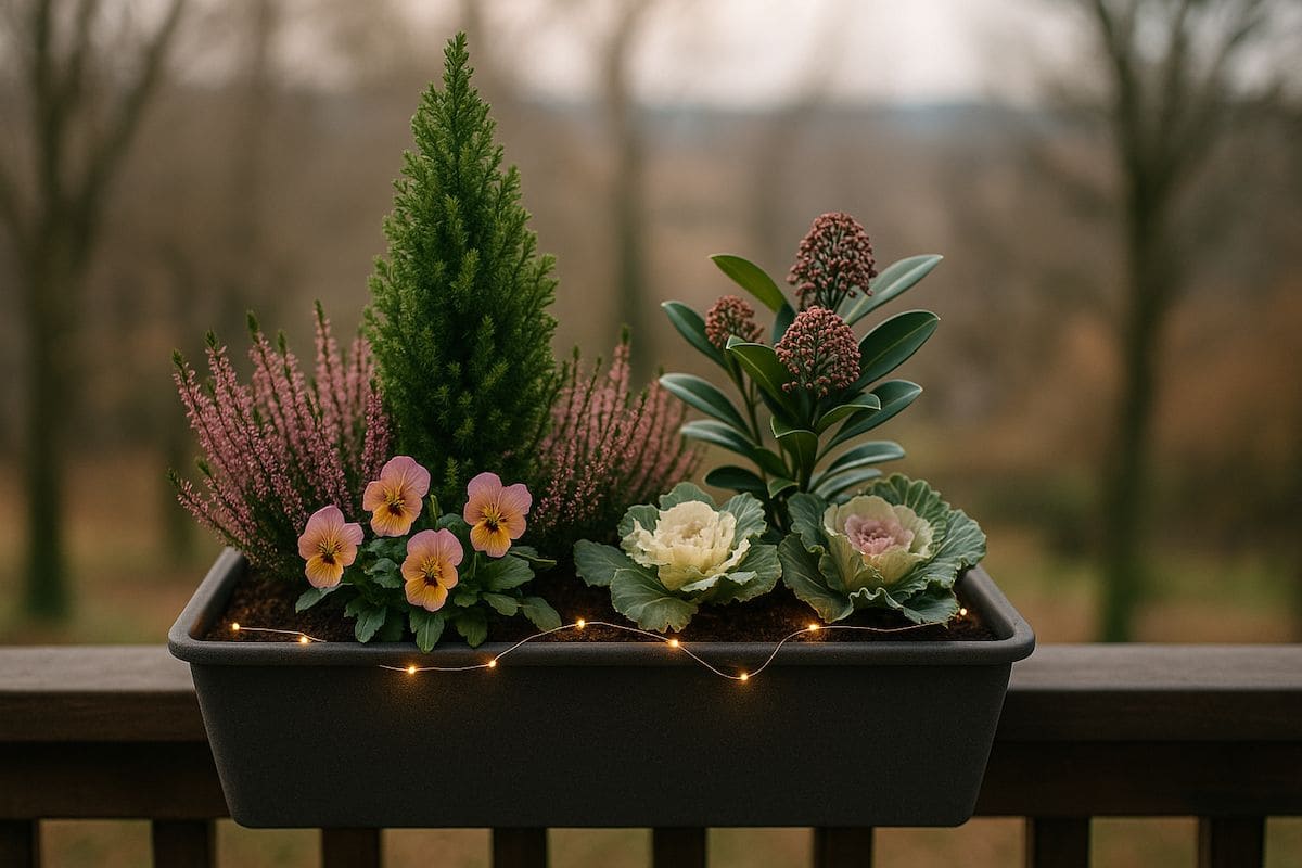 Blumenkasten im Herbst und Winter auf einem Balkon mit frostfesten Pflanzen, Schneeheide, Christrosen und Zierkohl in sanfter Morgenbeleuchtung.