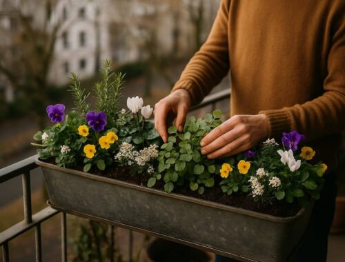 Person pflegt einen bunt bepflanzten Balkonkasten mit Hornveilchen, Kräutern und Winterblühern – typisches Beispiel für Chaos Gardening Balkon bei natürlichem Licht.