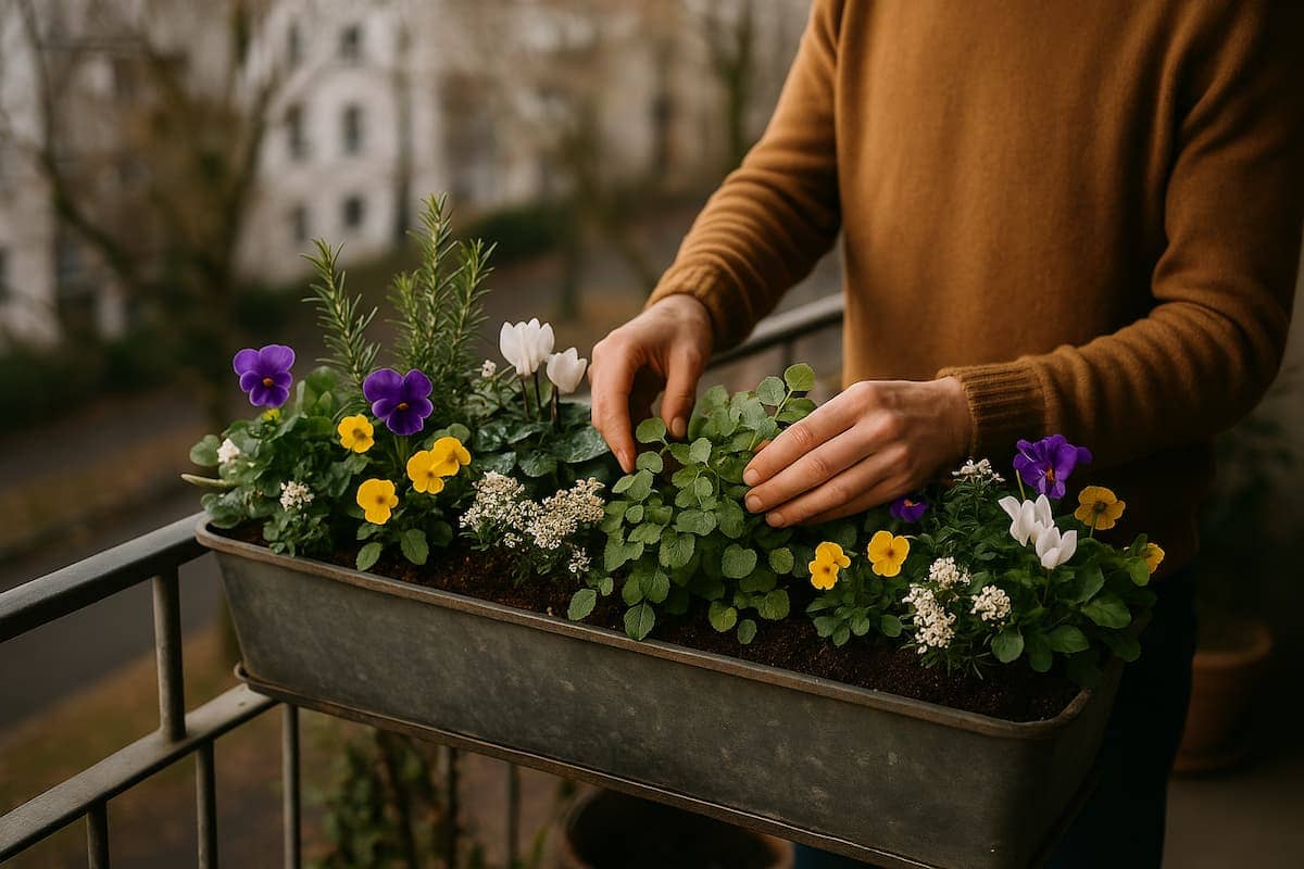 Person pflegt einen bunt bepflanzten Balkonkasten mit Hornveilchen, Kräutern und Winterblühern – typisches Beispiel für Chaos Gardening Balkon bei natürlichem Licht.