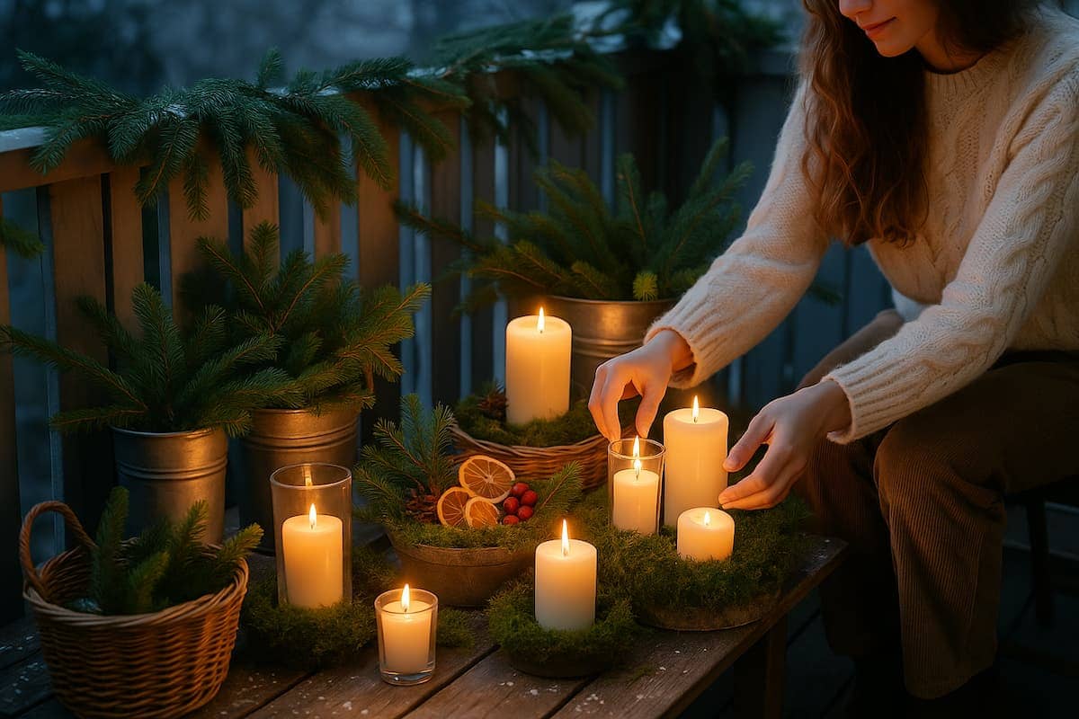 Gemütlicher Cottagecore Winterbalkon mit Tannenzweigen, Moos und Kerzenlicht bei Abendstimmung – natürliche Dekoration mit warmem Licht und rustikalem Charme.