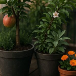 Ein moderner Stadtbalkon mit Edible Landscaping, bepflanzt mit Zwergobstbäumen, Kräutern und essbaren Blüten in stilvollen Kübeln bei sanftem Herbstlicht.