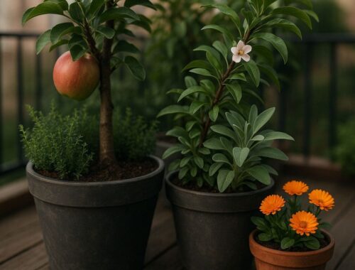 Edible Landscaping im Kübel: Dein essbarer Garten durchs ganze Jahr 15 Ein moderner Stadtbalkon mit Edible Landscaping, bepflanzt mit Zwergobstbäumen, Kräutern und essbaren Blüten in stilvollen Kübeln bei sanftem Herbstlicht.