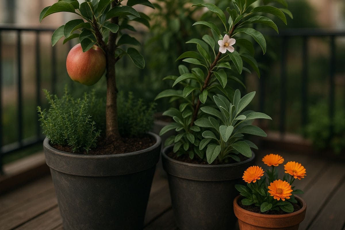 Ein moderner Stadtbalkon mit Edible Landscaping, bepflanzt mit Zwergobstbäumen, Kräutern und essbaren Blüten in stilvollen Kübeln bei sanftem Herbstlicht.