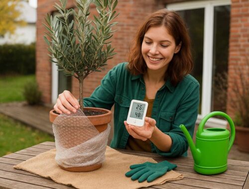 Frostschutz für Pflanzen – Smarte DIY-Ideen mit Technik-Trick 10 Eine Person schützt im Winter Topfpflanzen auf dem Balkon mit Decken und recycelten Materialien, während ein Sensor die Temperatur misst – Frostschutz für Pflanzen.