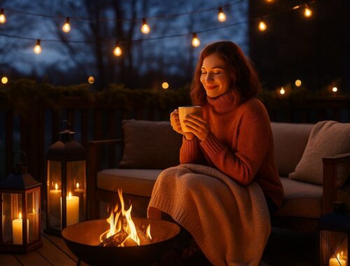 Junge Frau genießt ihre Hygge Terrasse im Winter bei warmem Licht, eingehüllt in eine Decke, mit Feuerkorb, Laternen und Lichterkette auf einer gemütlich beleuchteten Terrasse