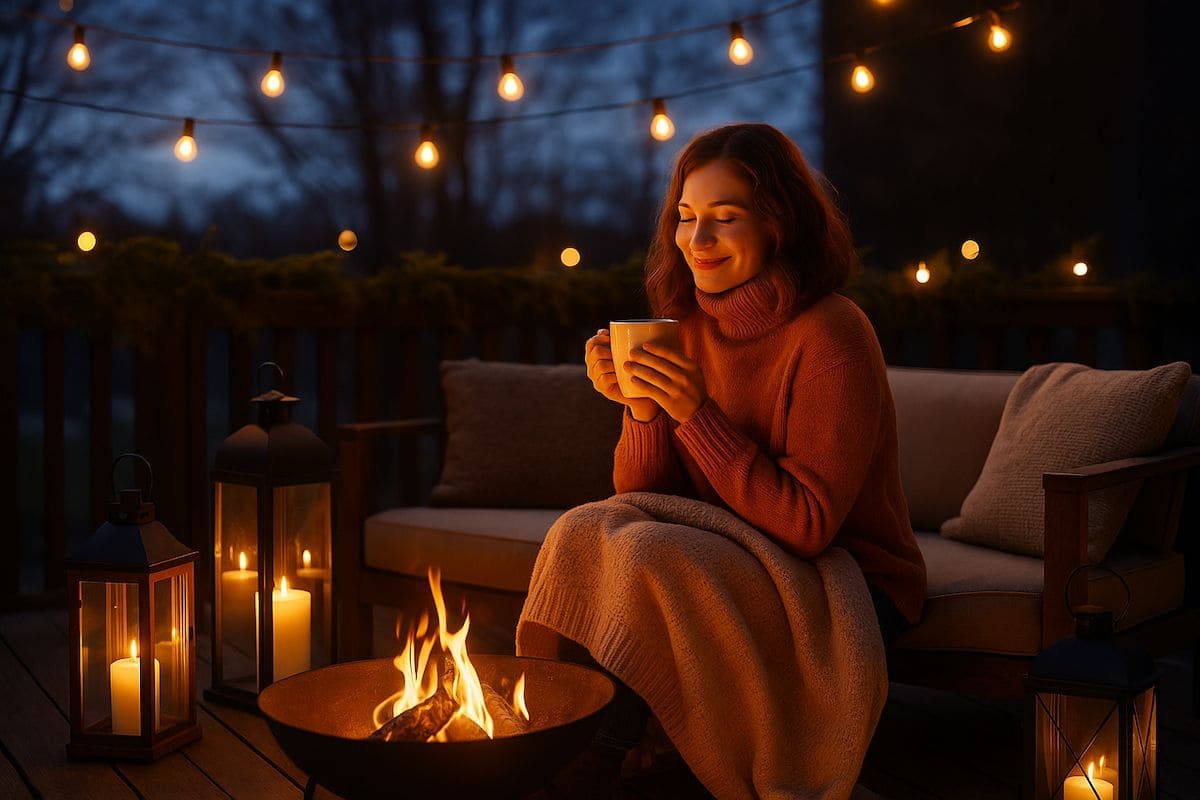 Junge Frau genießt ihre Hygge Terrasse im Winter bei warmem Licht, eingehüllt in eine Decke, mit Feuerkorb, Laternen und Lichterkette auf einer gemütlich beleuchteten Terrasse