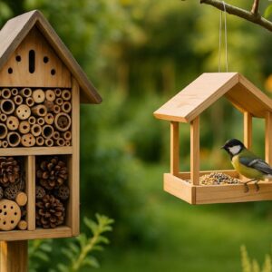 Ein liebevoll gestaltetes Insektenhotel und eine Vogelfutterstation aus Naturmaterialien im Garten, umgeben von grünen Pflanzen und warmem Sonnenlicht – perfektes Beispiel für nachhaltiges Leben mit Insektenhotel und Vogelfutterstation.