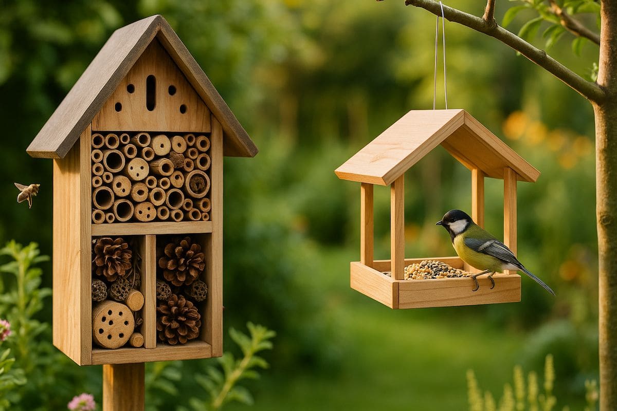 Ein liebevoll gestaltetes Insektenhotel und eine Vogelfutterstation aus Naturmaterialien im Garten, umgeben von grünen Pflanzen und warmem Sonnenlicht – perfektes Beispiel für nachhaltiges Leben mit Insektenhotel und Vogelfutterstation.