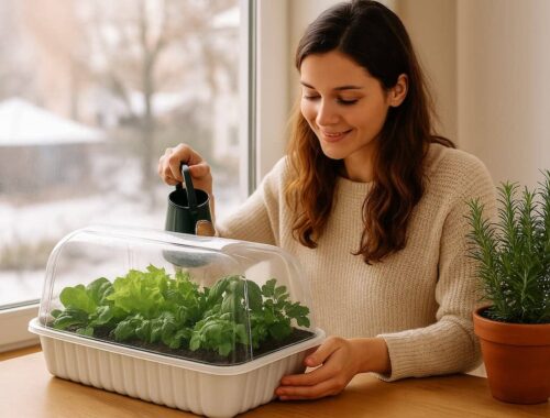 Eine junge Frau pflegt im warmen Licht eines Mini-Gewächshauses ihre Salate und Kräuter im Winter, während draußen Schnee liegt – Symbol für nachhaltige Selbstversorgung in der kalten Jahreszeit.