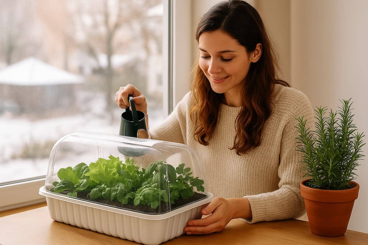 Eine junge Frau pflegt im warmen Licht eines Mini-Gewächshauses ihre Salate und Kräuter im Winter, während draußen Schnee liegt – Symbol für nachhaltige Selbstversorgung in der kalten Jahreszeit.