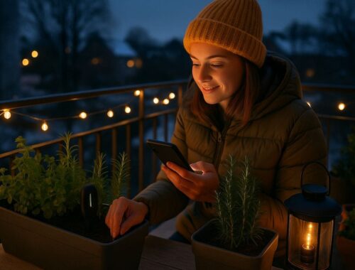 Eine junge Frau steht auf ihrem winterlichen Balkon und prüft mit dem Smartphone Sensoren, Timer und Solarlichter – modernes Smart Gardening Winterbalkon mit warmem Licht und grünen Pflanzen.