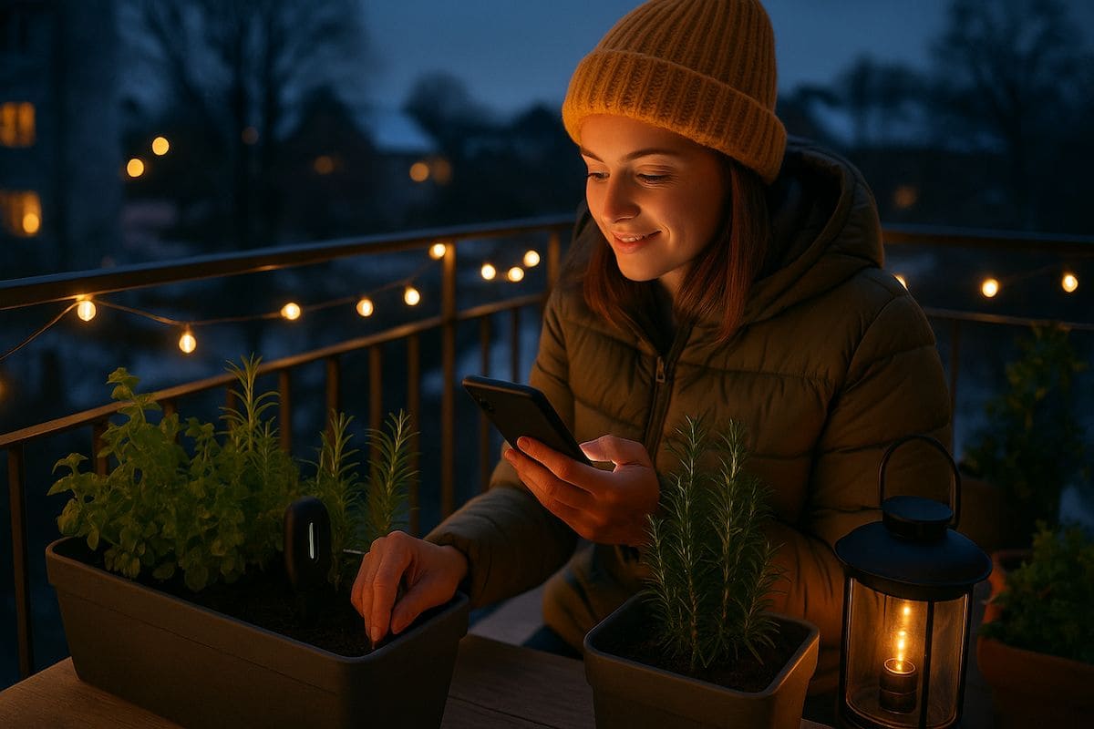 Eine junge Frau steht auf ihrem winterlichen Balkon und prüft mit dem Smartphone Sensoren, Timer und Solarlichter – modernes Smart Gardening Winterbalkon mit warmem Licht und grünen Pflanzen.
