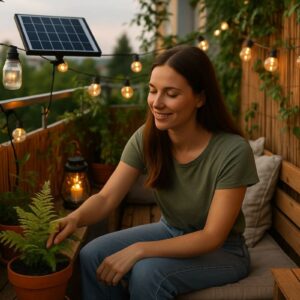 Junge Frau auf einem Solarpunk Balkon mit Solarlichtern, Pflanzen und recycelter Deko – nachhaltige Gestaltung eines modernen Balkons im Solarpunk-Stil.
