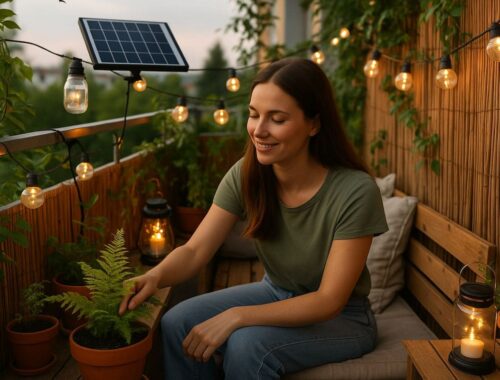 Junge Frau auf einem Solarpunk Balkon mit Solarlichtern, Pflanzen und recycelter Deko – nachhaltige Gestaltung eines modernen Balkons im Solarpunk-Stil.
