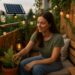 Junge Frau auf einem Solarpunk Balkon mit Solarlichtern, Pflanzen und recycelter Deko – nachhaltige Gestaltung eines modernen Balkons im Solarpunk-Stil.