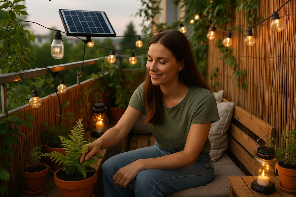 Junge Frau auf einem Solarpunk Balkon mit Solarlichtern, Pflanzen und recycelter Deko – nachhaltige Gestaltung eines modernen Balkons im Solarpunk-Stil.