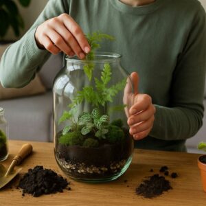 Eine Person bepflanzt ein Glas-Terrarium mit Farnen und Moosen – Schritt für Schritt Terrarium bepflanzen und ein grünes Mikroklima schaffen.