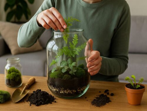Eine Person bepflanzt ein Glas-Terrarium mit Farnen und Moosen – Schritt für Schritt Terrarium bepflanzen und ein grünes Mikroklima schaffen.