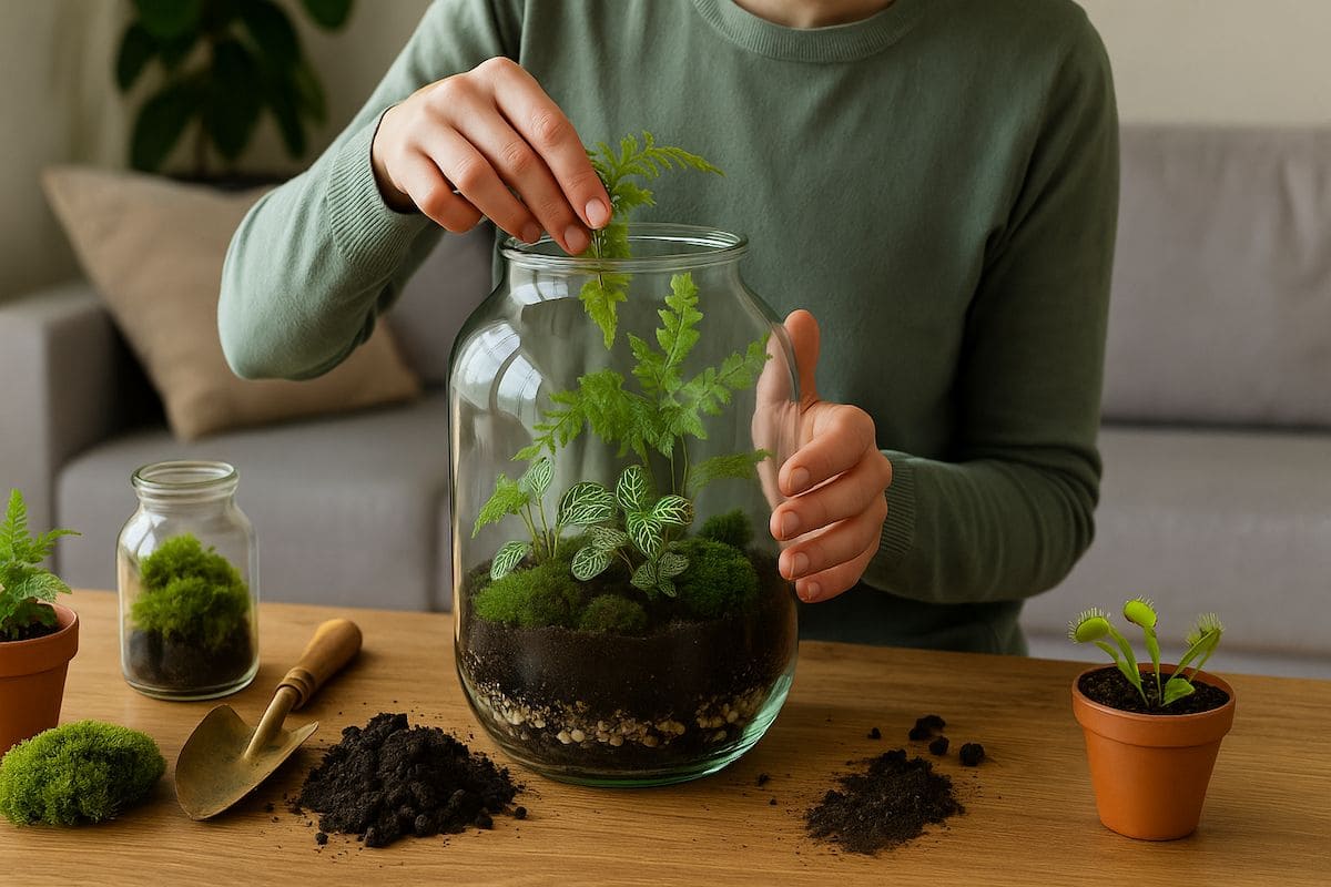Eine Person bepflanzt ein Glas-Terrarium mit Farnen und Moosen – Schritt für Schritt Terrarium bepflanzen und ein grünes Mikroklima schaffen.