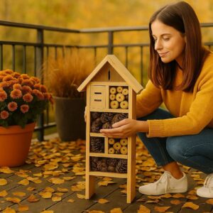 Wildlife-Balkon im Herbst mit junger Frau, die zwischen buntem Herbstlaub Pflanzen pflegt und Insekten schützt – naturnaher Rückzugsort für Bienen und Schmetterlinge.