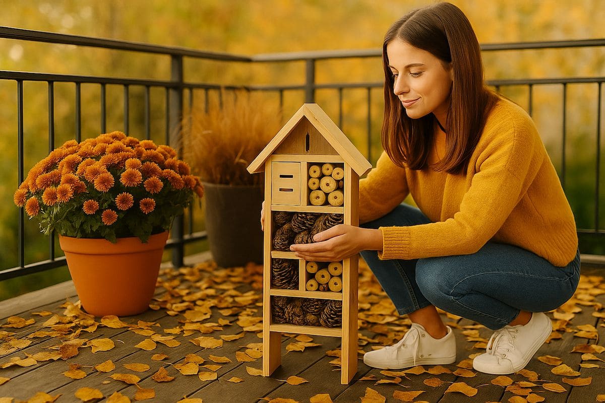 Wildlife-Balkon im Herbst mit junger Frau, die zwischen buntem Herbstlaub Pflanzen pflegt und Insekten schützt – naturnaher Rückzugsort für Bienen und Schmetterlinge.