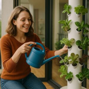 Eine junge Frau erntet frisches Grün aus einem hydroponischen Turm auf ihrem Balkon. Der hydroponische Turm steht in der Sonne und zeigt, wie platzsparendes Urban Gardening funktioniert.