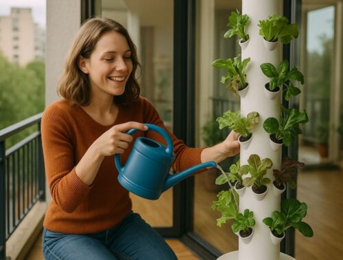 Eine junge Frau erntet frisches Grün aus einem hydroponischen Turm auf ihrem Balkon. Der hydroponische Turm steht in der Sonne und zeigt, wie platzsparendes Urban Gardening funktioniert.