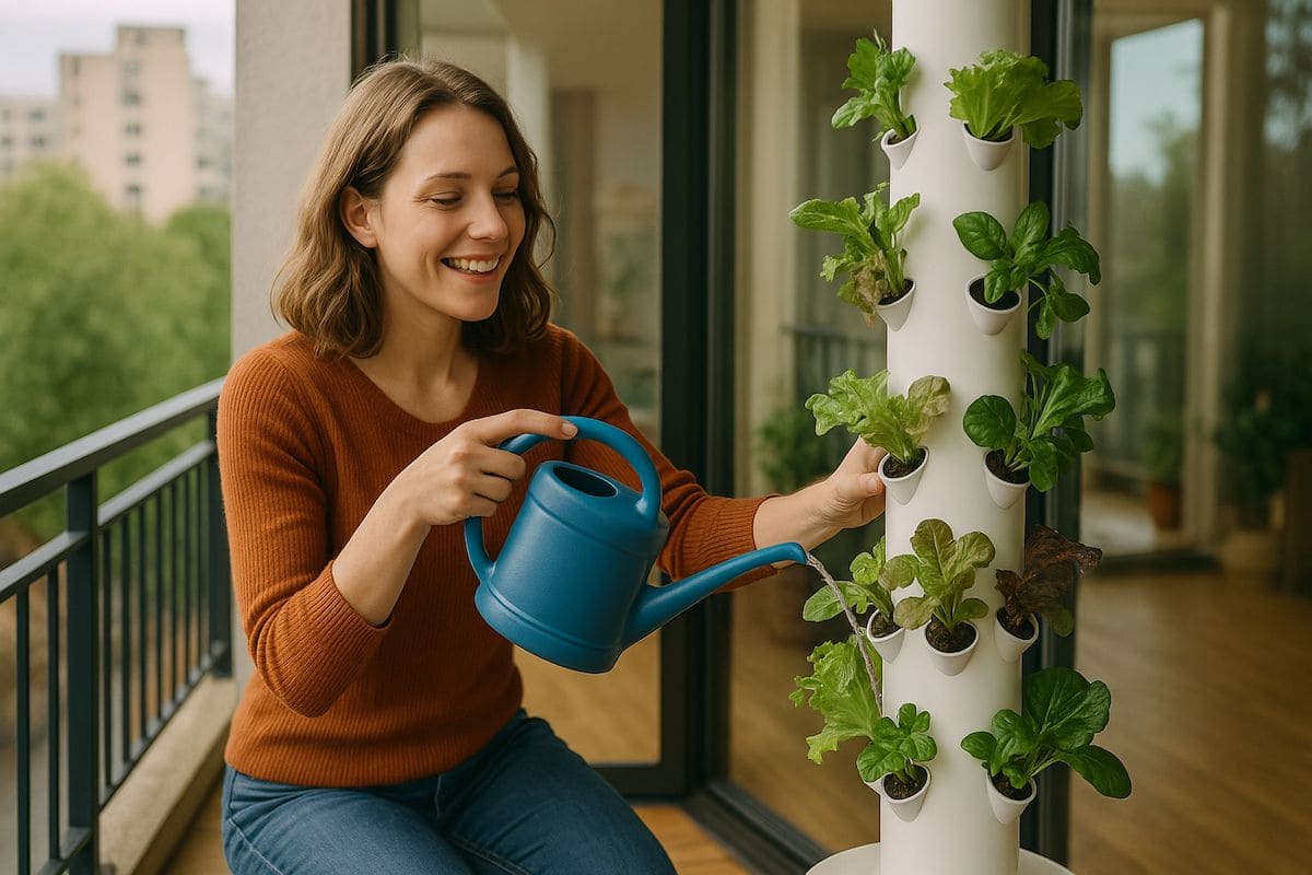 Eine junge Frau erntet frisches Grün aus einem hydroponischen Turm auf ihrem Balkon. Der hydroponische Turm steht in der Sonne und zeigt, wie platzsparendes Urban Gardening funktioniert.