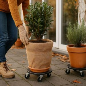 Eine Person bewegt mobile Kübelpflanzen auf einem Pflanzenroller im herbstlichen Garten, um sie winterfest zu machen.