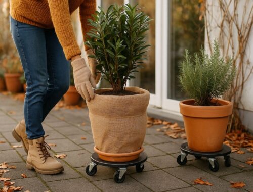 Eine Person bewegt mobile Kübelpflanzen auf einem Pflanzenroller im herbstlichen Garten, um sie winterfest zu machen.