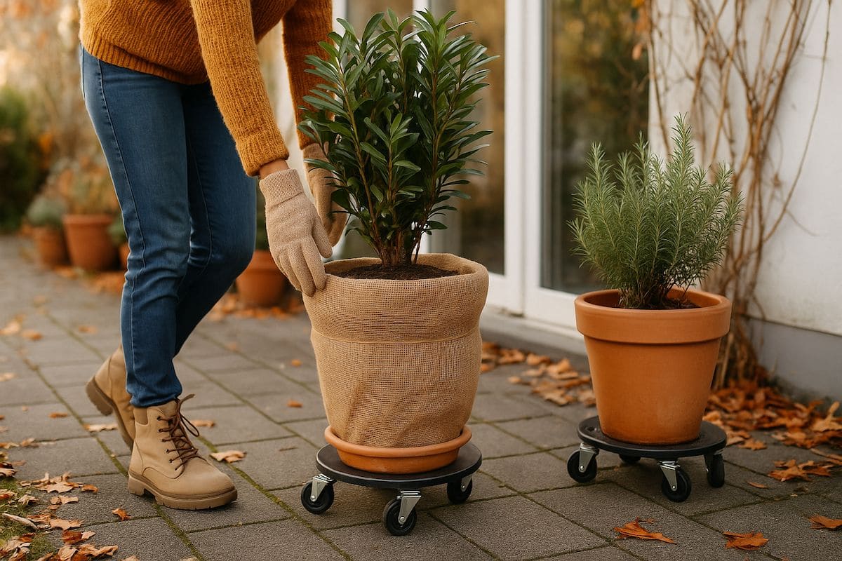 Eine Person bewegt mobile Kübelpflanzen auf einem Pflanzenroller im herbstlichen Garten, um sie winterfest zu machen.