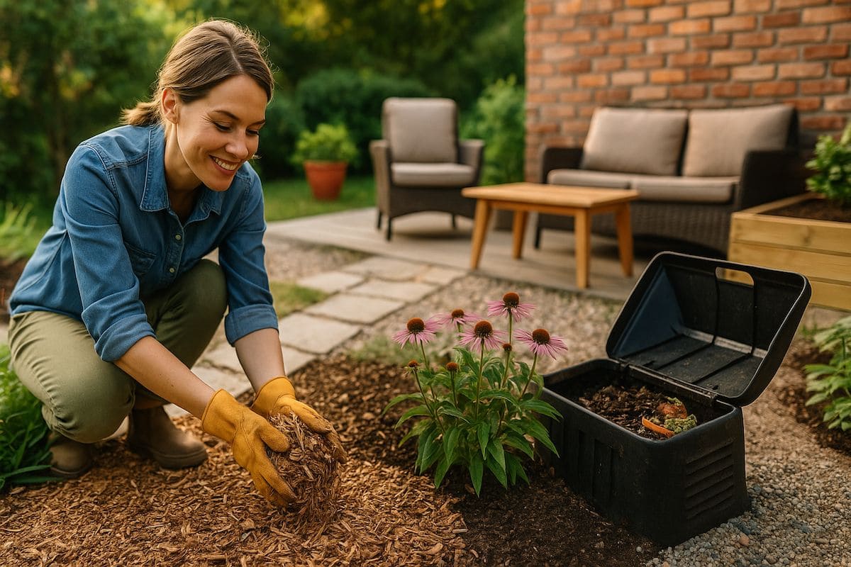 Regenerative Terrasse mit Holztisch, Pflanzenkübeln, Kompost-Ecke und frischem Mulch im Sonnenlicht – nachhaltiges Outdoor-Design im Herbst.