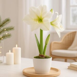 Helle skandinavische Winterdekoration mit blühender Amaryllis auf einem Holztablett, umgeben von Kerzen und Naturmaterialien – inspirierende Amaryllis Dekoideen für ein gemütliches Zuhause.