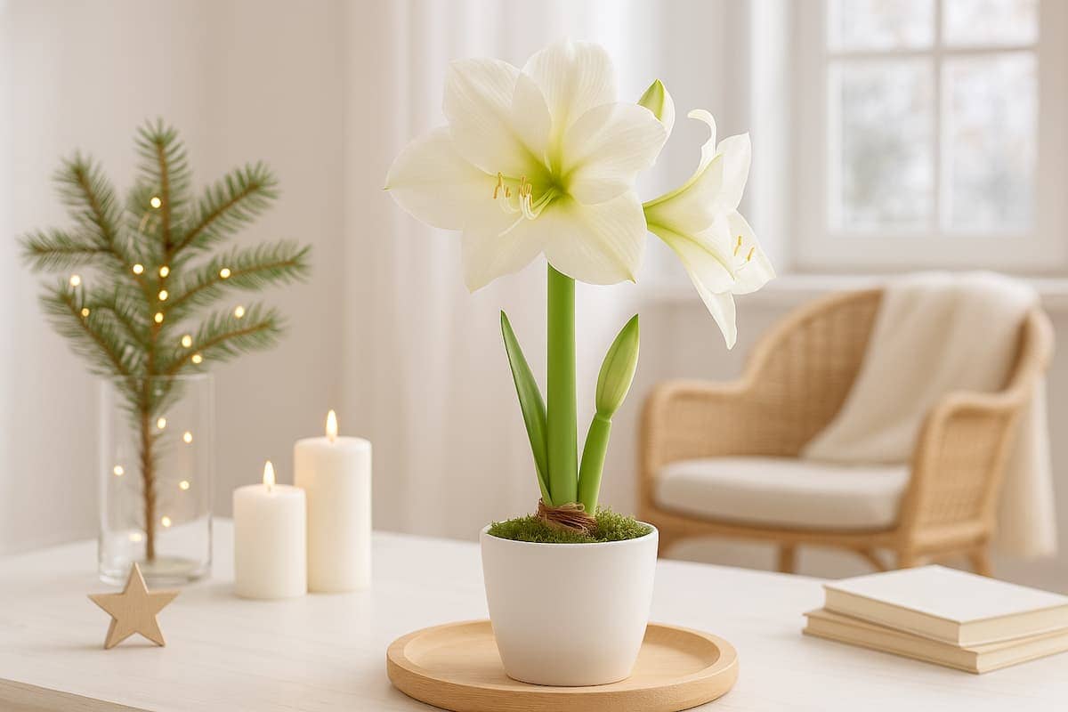 Helle skandinavische Winterdekoration mit blühender Amaryllis auf einem Holztablett, umgeben von Kerzen und Naturmaterialien – inspirierende Amaryllis Dekoideen für ein gemütliches Zuhause.
