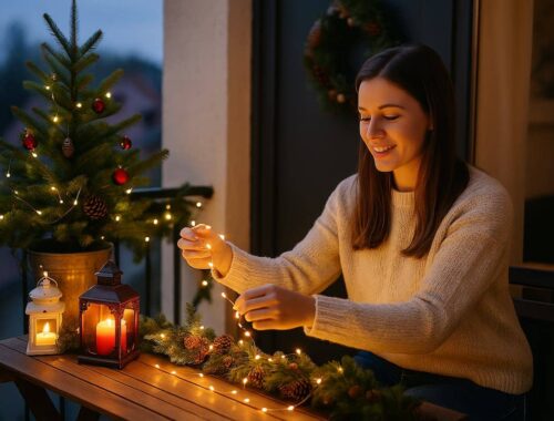 Balkon Weihnachtsdeko: So wird dein Balkon zum festlichen Highlight 🎄 9 Eine junge Frau dekoriert ihren Balkon mit warm leuchtenden Lichterketten, Tannengrün und Laternen – stimmungsvolle Balkon Weihnachtsdeko bei Abendlicht.