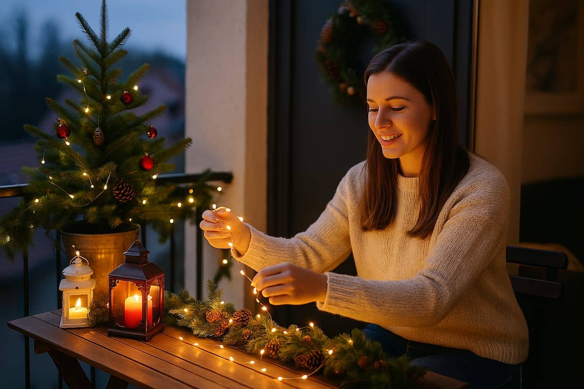 Eine junge Frau dekoriert ihren Balkon mit warm leuchtenden Lichterketten, Tannengrün und Laternen – stimmungsvolle Balkon Weihnachtsdeko bei Abendlicht.