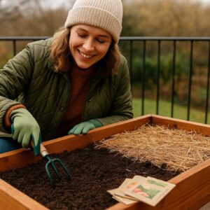 Person bereitet im Winter ein Hochbeet vor, lockert den Boden und legt Mulch aus; passende Szene für eine Frühjahrsbeet Checkliste in einem Urban-Garden-Setting.