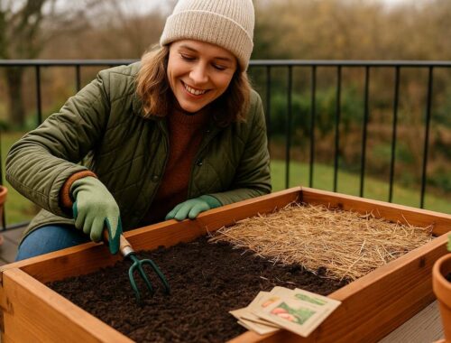 Frühjahrsbeet Checkliste: So machst du deinen Urban Garden schon im Winter stark 7 Person bereitet im Winter ein Hochbeet vor, lockert den Boden und legt Mulch aus; passende Szene für eine Frühjahrsbeet Checkliste in einem Urban-Garden-Setting.