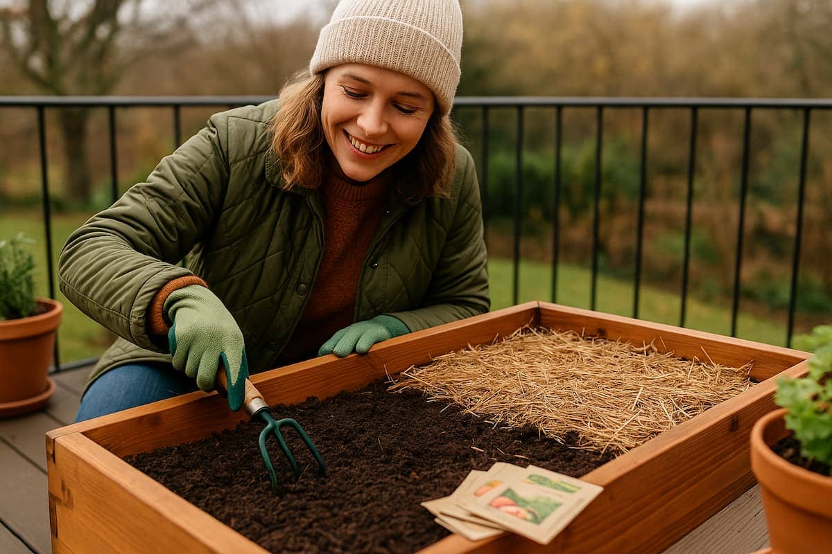 Person bereitet im Winter ein Hochbeet vor, lockert den Boden und legt Mulch aus; passende Szene für eine Frühjahrsbeet Checkliste in einem Urban-Garden-Setting.